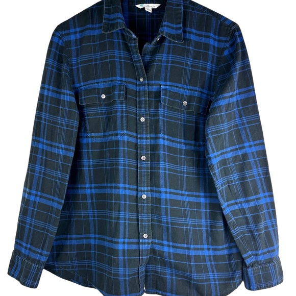 LL Bean Signature Shirt Top Button Down Sz 16 XL 1X Scotch Plaid Blue Black - Picture 2 of 6
